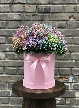 Цветочная композиция из Гипсофила и Розы в шляпной коробке в Гаджиево